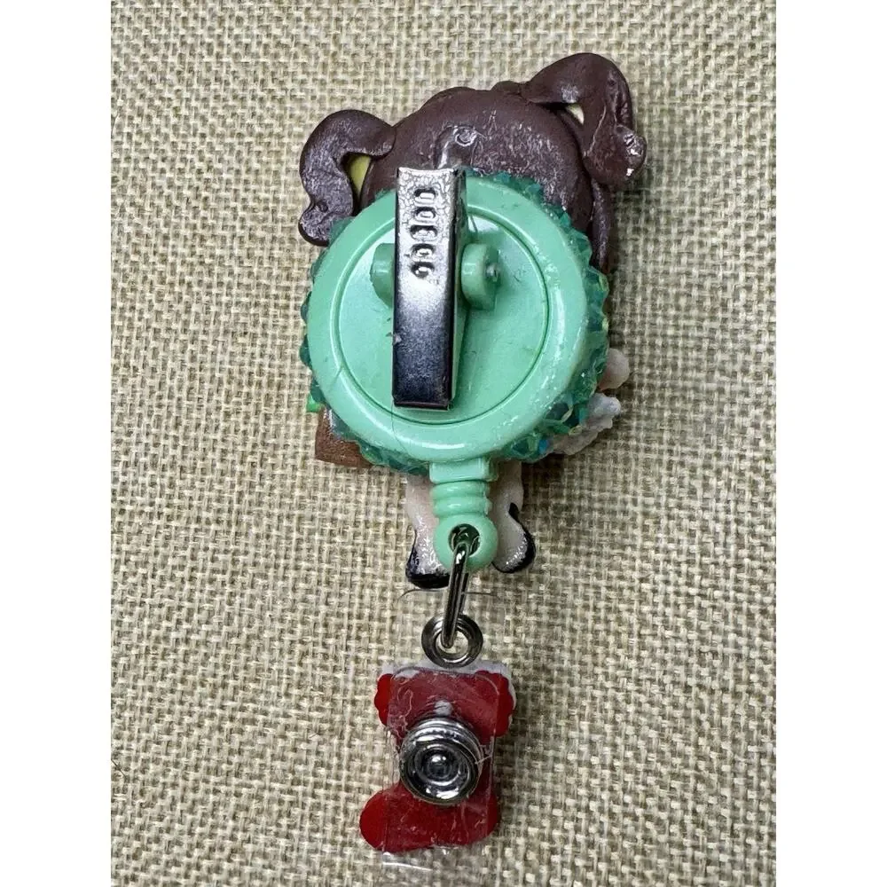 Christmas Girl Badge Reel On Alligator Clip With Green Rhinestones